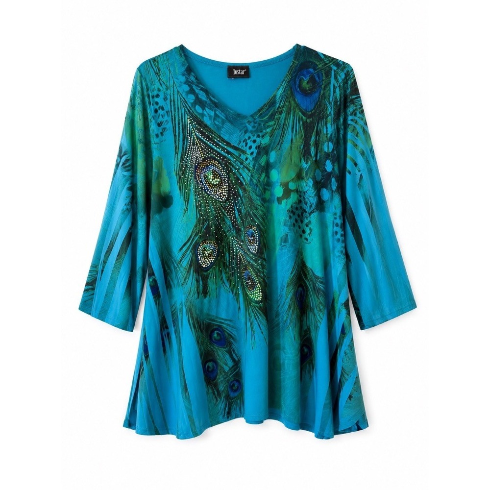Jostar Womens Tunic Top Teal Peacock Feather Print Rhinestone V Neck 3 4 Sleeve